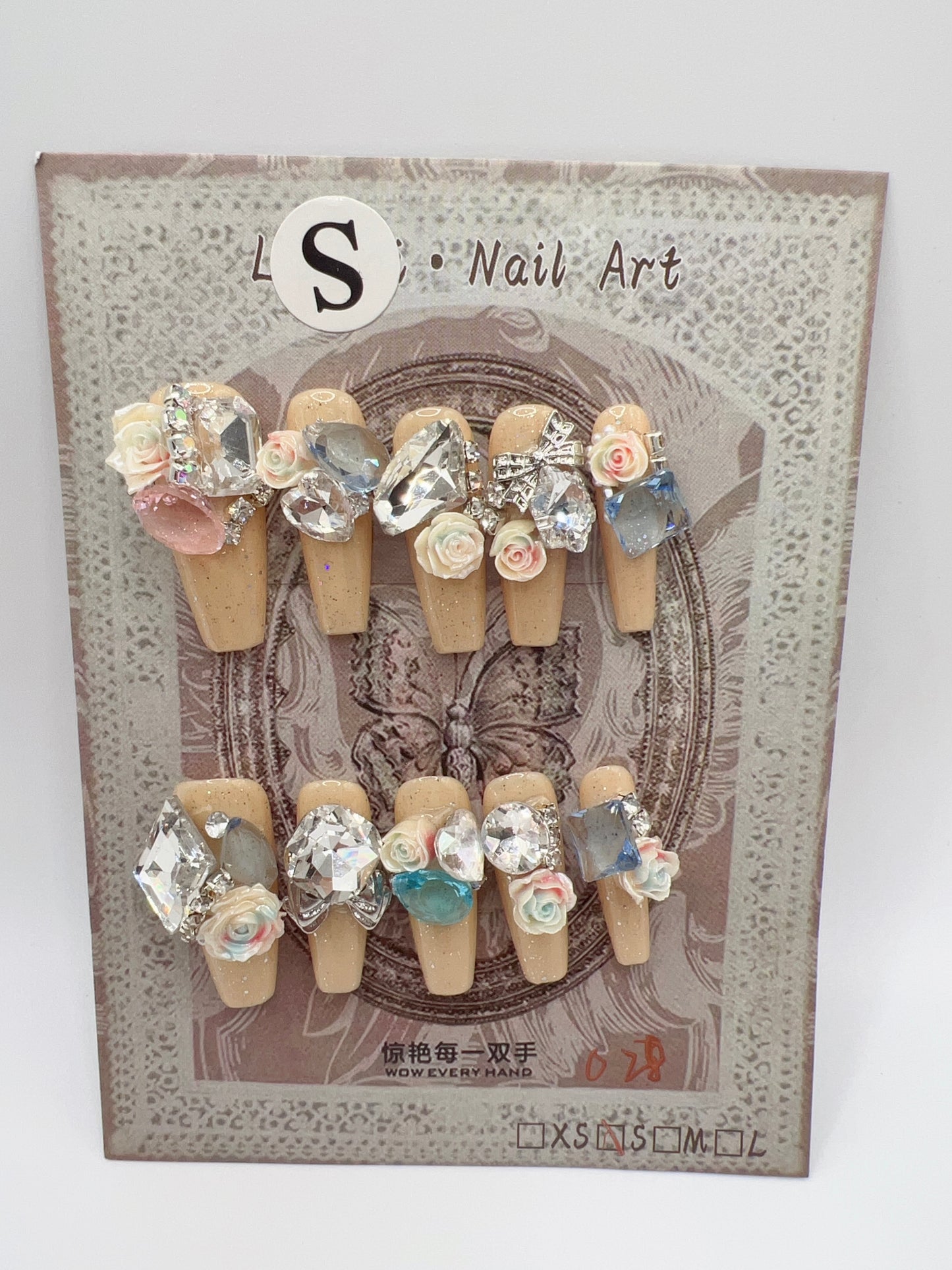 Long Coffin Press On Nails with Rhinestone and 2D Flowers – Small Size