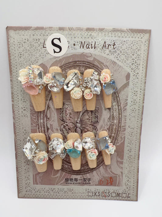 Long Coffin Press On Nails with Rhinestone and 2D Flowers – Small Size