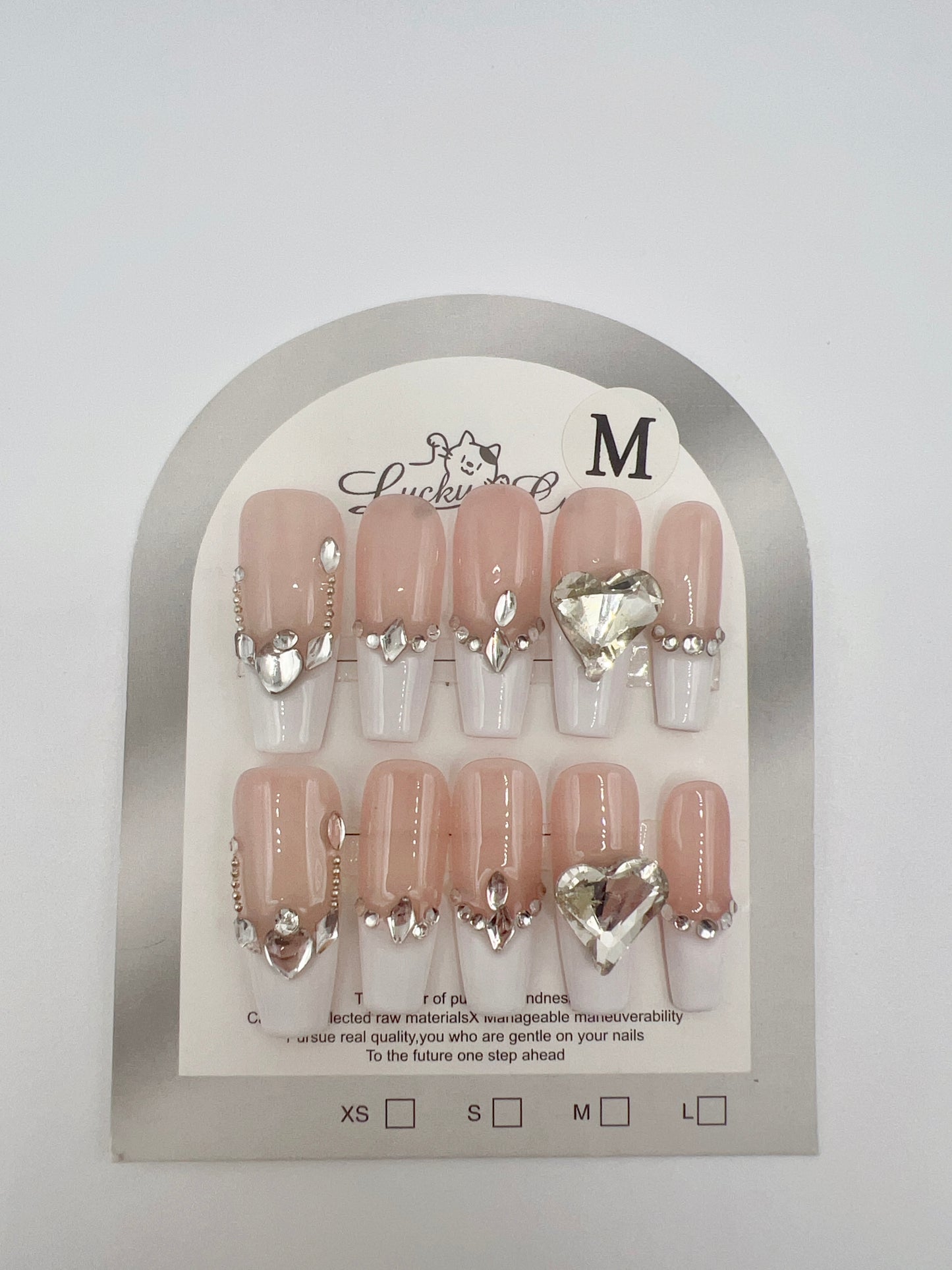 Long Coffin French Tip Press On Nails with Rhinestone – Medium Size
