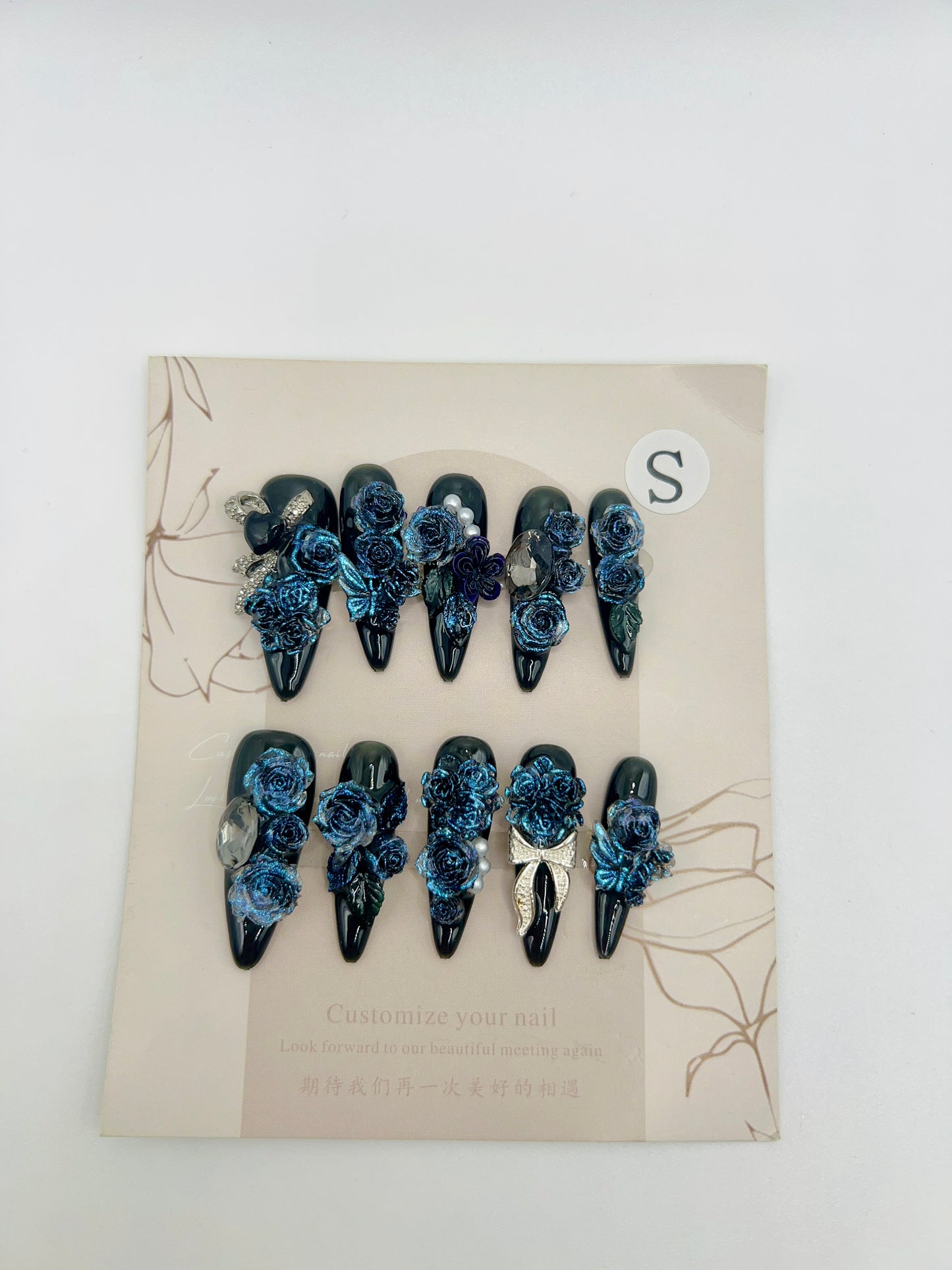 Purple Long Stiletto Press On Nails with Rhinestone 2D Flowers – Small Size