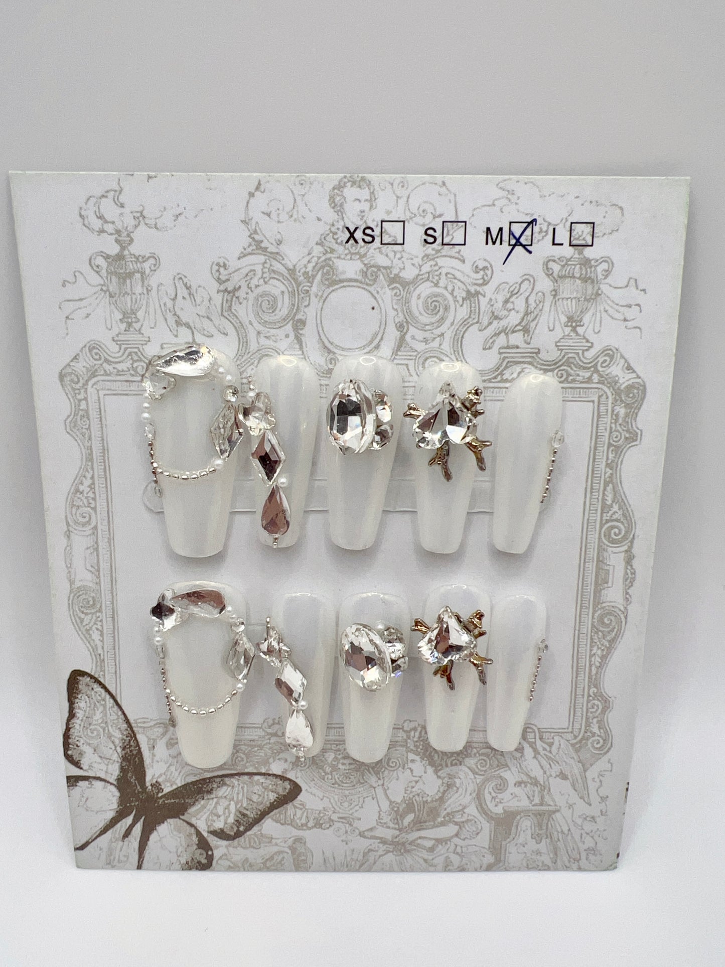 White Long Coffin Press On Nails with Rhinestone – Medium Size