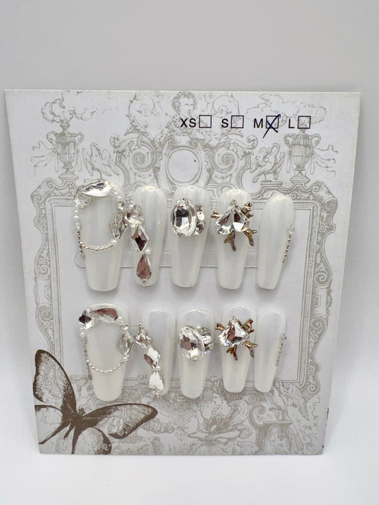 White Long Coffin Press On Nails with Rhinestone – Medium Size