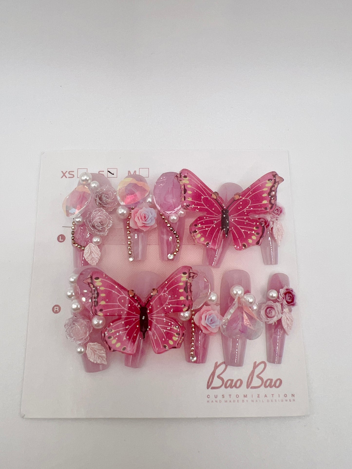 Luxury Long Coffin Pink Press-On Nails with 2D Flower & Butterfly Charms