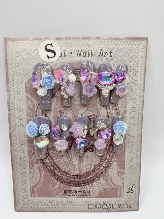 Long Coffin Press On Nails with Rhinestone and 2D Flowers – Small Size