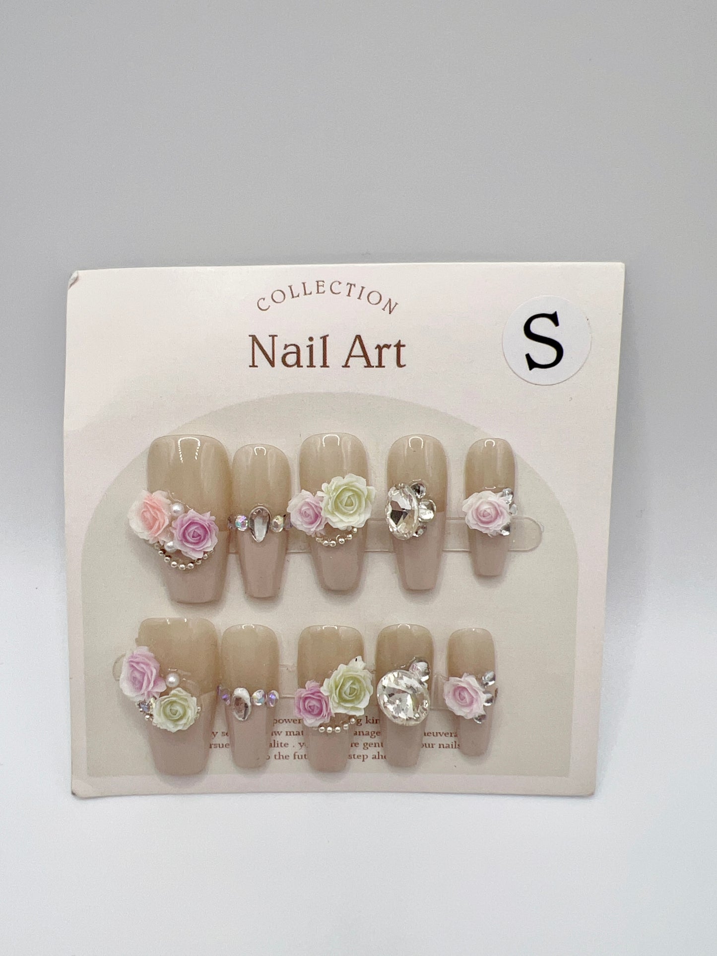 Medium Coffin Press-On Nails with Rhinestones & 2D Flower French Tip