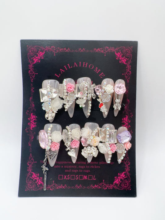 Long Stiletto Press-On Nails with Heavy Rhinestones & 2D Flower Charms