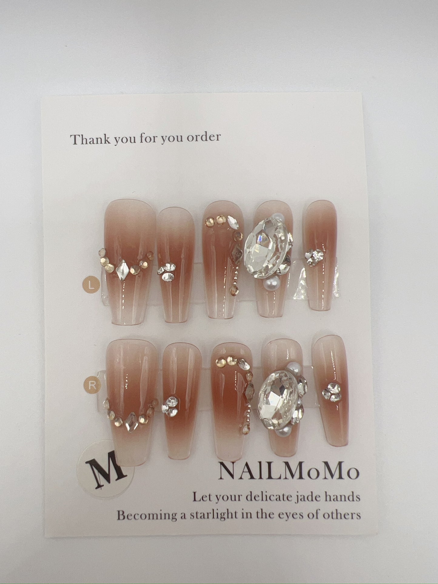 Long Coffin Press On Nails with Rhinestone – Medium Size