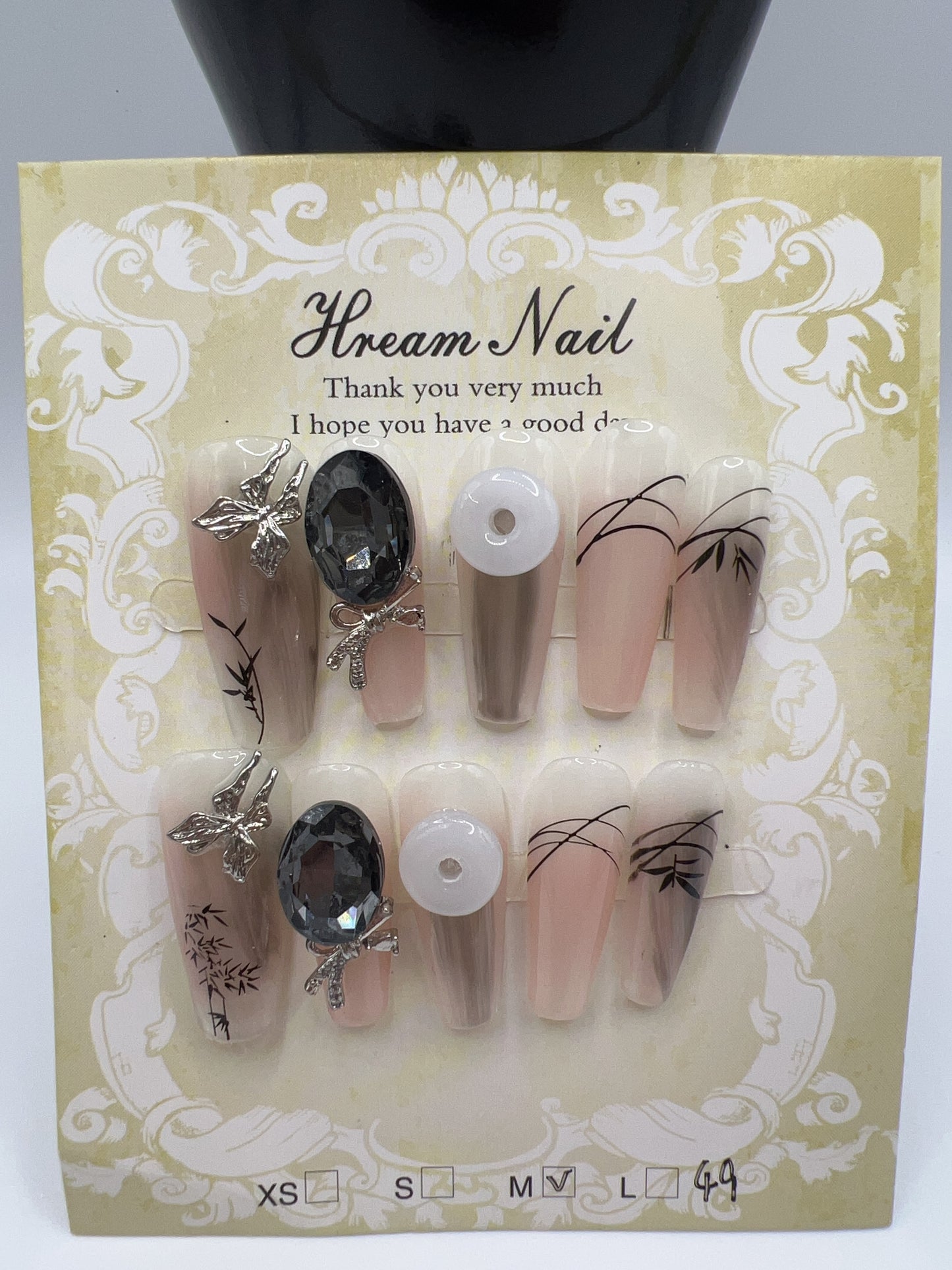 Long Coffin Press-On Nails with Rhinestone & Charms – 9 Designs, Medium Size