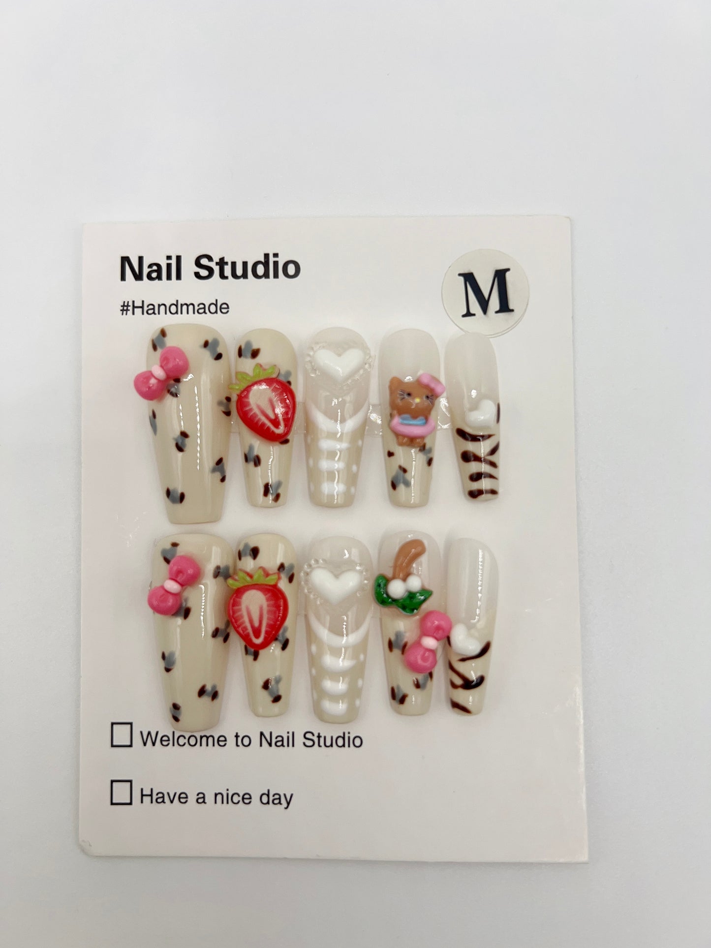 Long Coffin Press On Nails with Kitty and Strawberry Charms – Medium Size