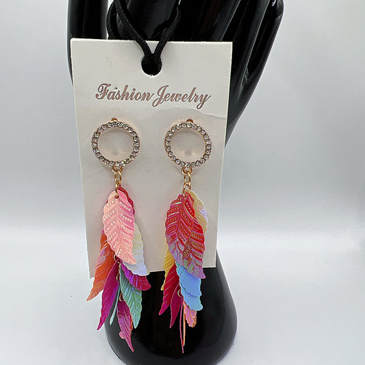 Colorful Leaf Drop and Rhinestone Earrings – Vibrant Sparkle Jewelry