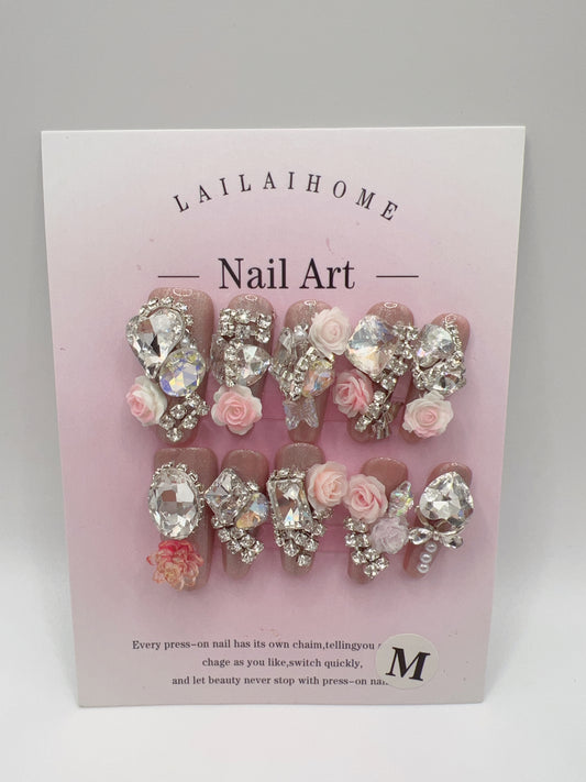Long Coffin Press-On Nails with Rhinestone and 2D Flowers – Medium Size