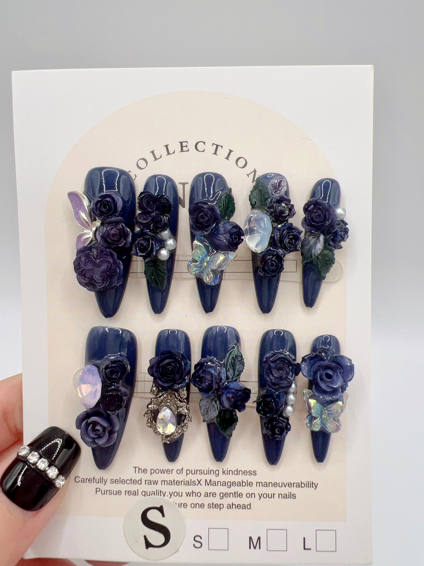 Purple Long Stiletto Press On Nails with Rhinestone 2D Flowers – Small Size