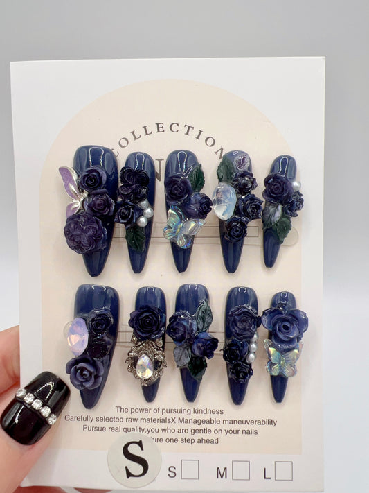 Long Stiletto Press On Nails with Rhinestone & 2D Flowers – Small Size