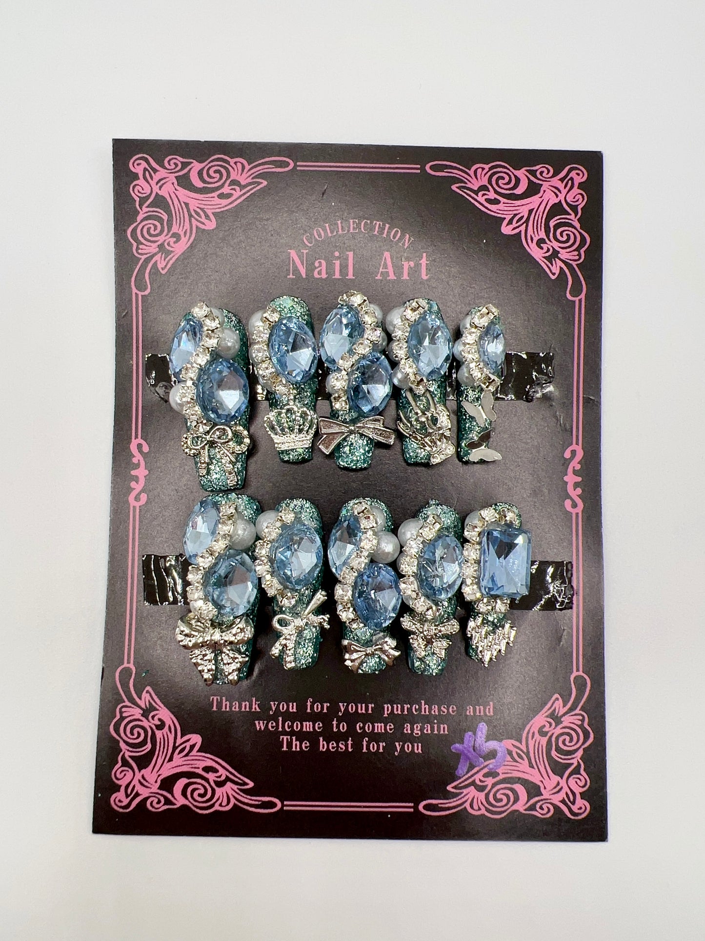 Luxury Rhinestone & Charm Press-On Nails – Glitter Coffin Long Length, XS Size