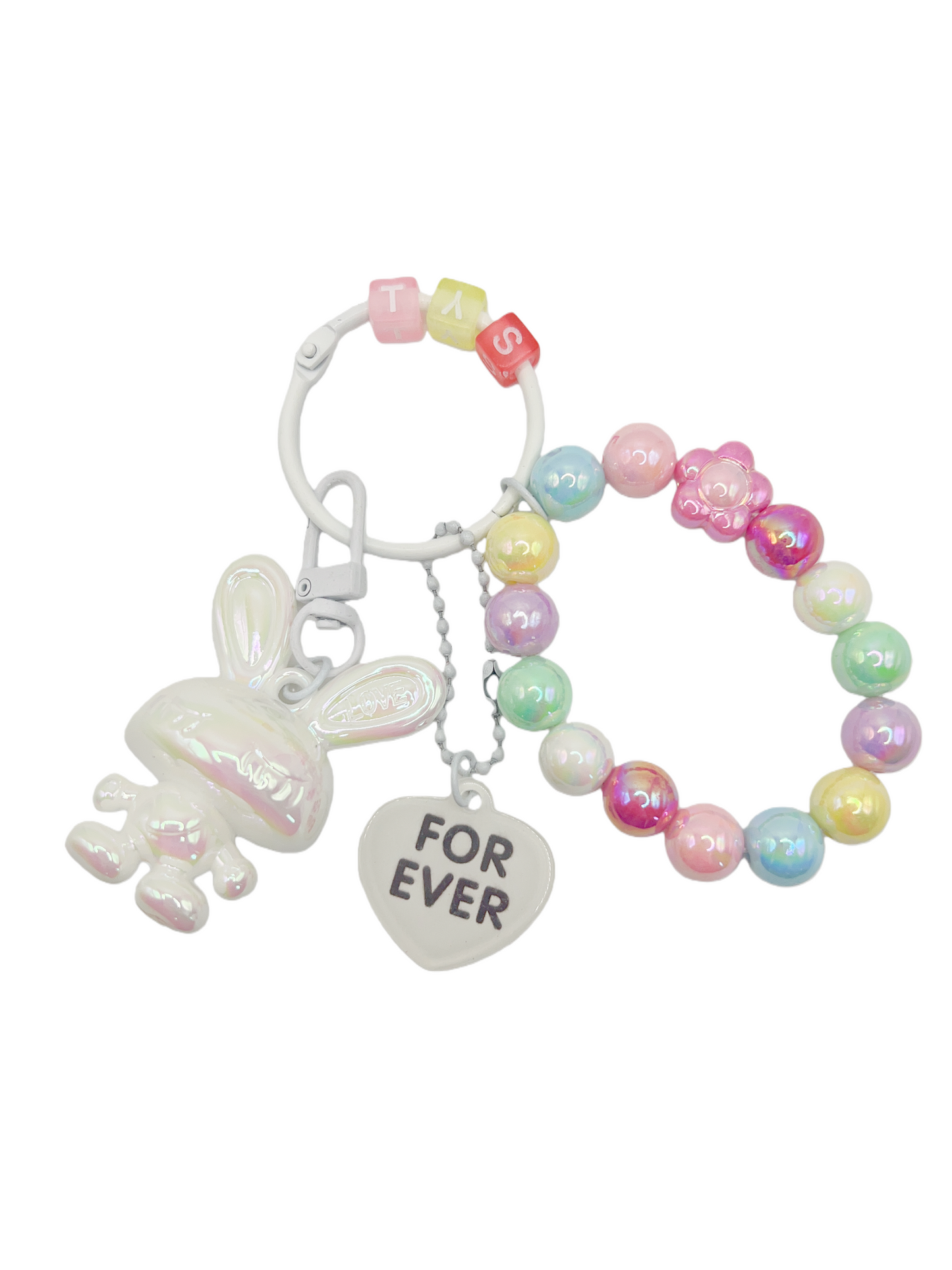 Bright Lacquered Shine Bunny Keychain with Bead Bracelets & Forever Heart Charm – Detachable Cute Bag Chain Accessory, 6 Colors