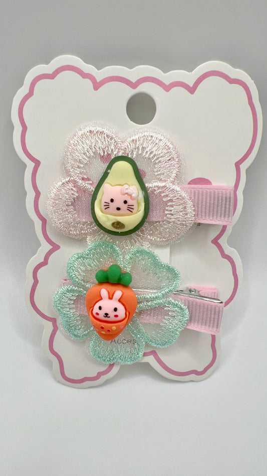 Embroidered Flower Hair Clip with Cartoon Resin Center – 2 Options, Cute for Girls & Gifts