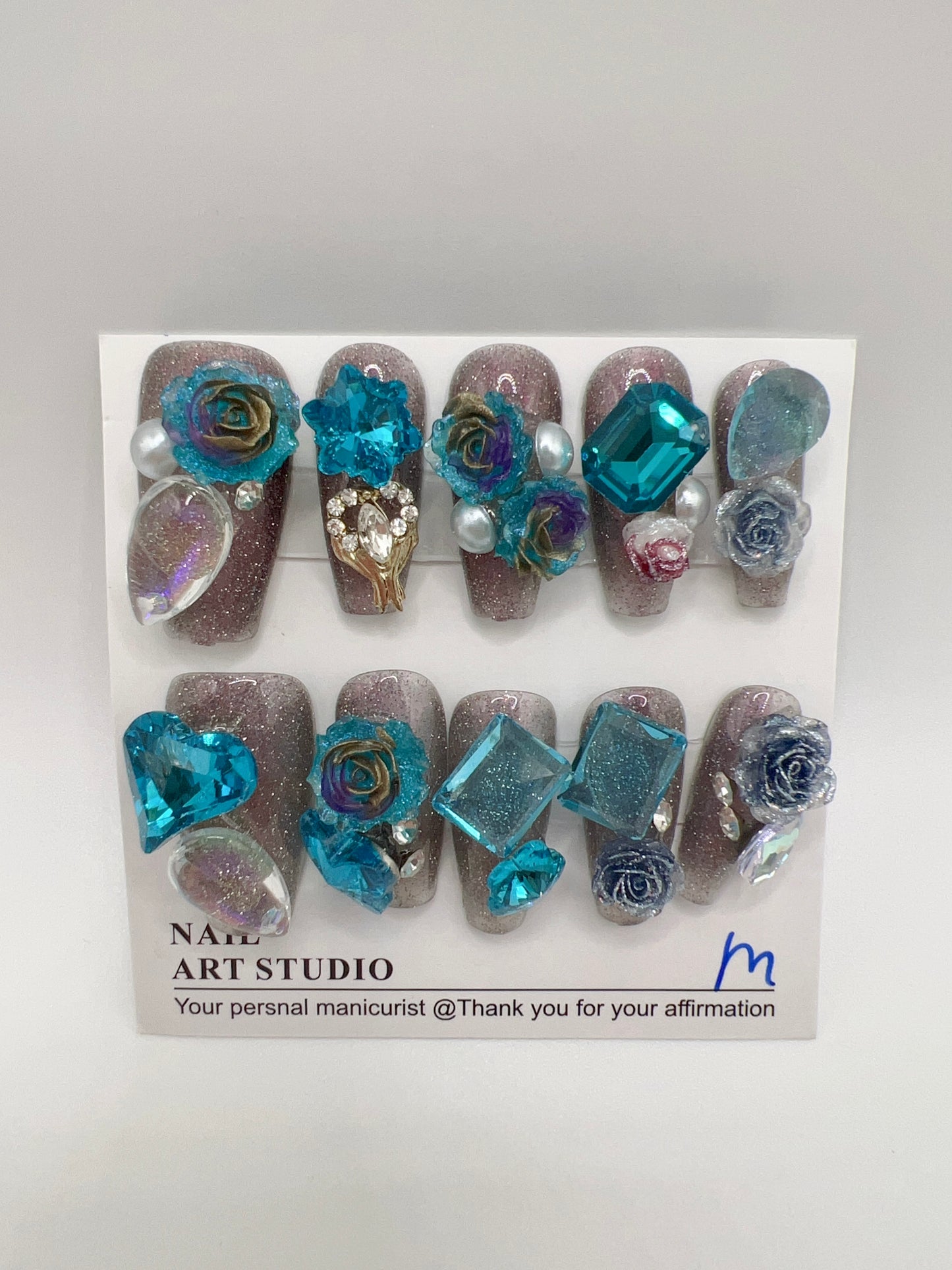 Glitter Medium Coffin Press On Nails with Rhinestone and 2D Flower Charms