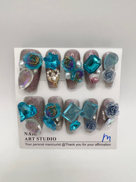 Glitter Medium Coffin Press On Nails with Rhinestone and 2D Flower Charms