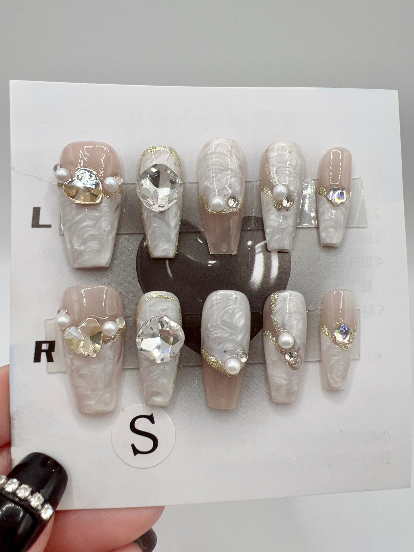 Medium Coffin Press-On Nails with Rhinestones & Glitter French Tip – Small Size