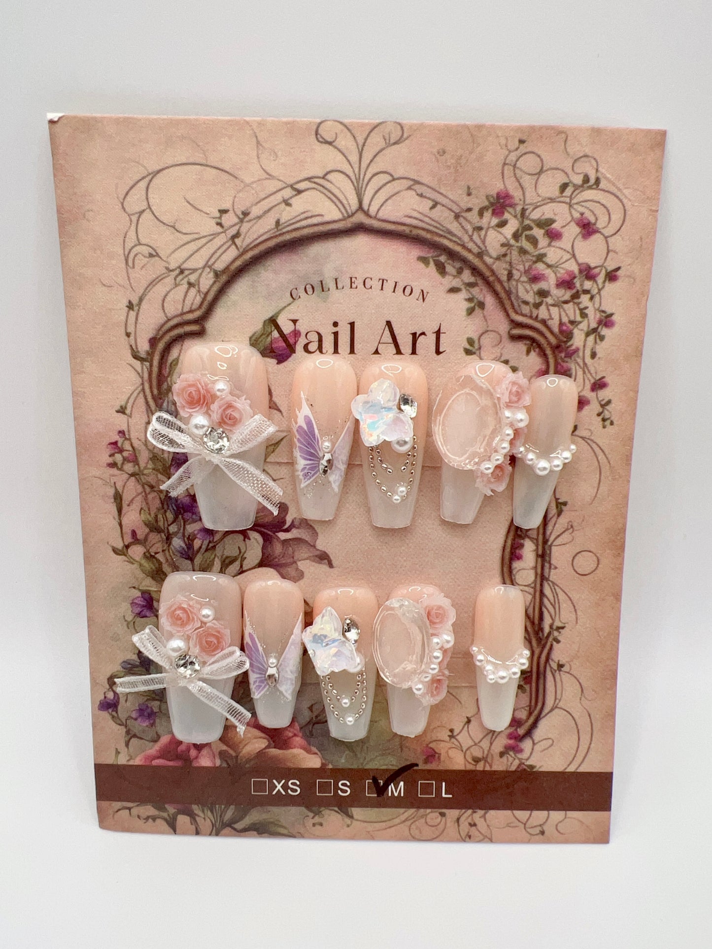 Long Coffin Press On Nails with Rhinestone, 2D Flowers & Pearl – Medium Size
