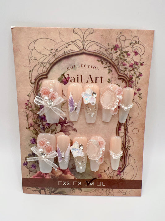 Long Coffin Press On Nails with Rhinestone, 2D Flowers & Pearl – Medium Size