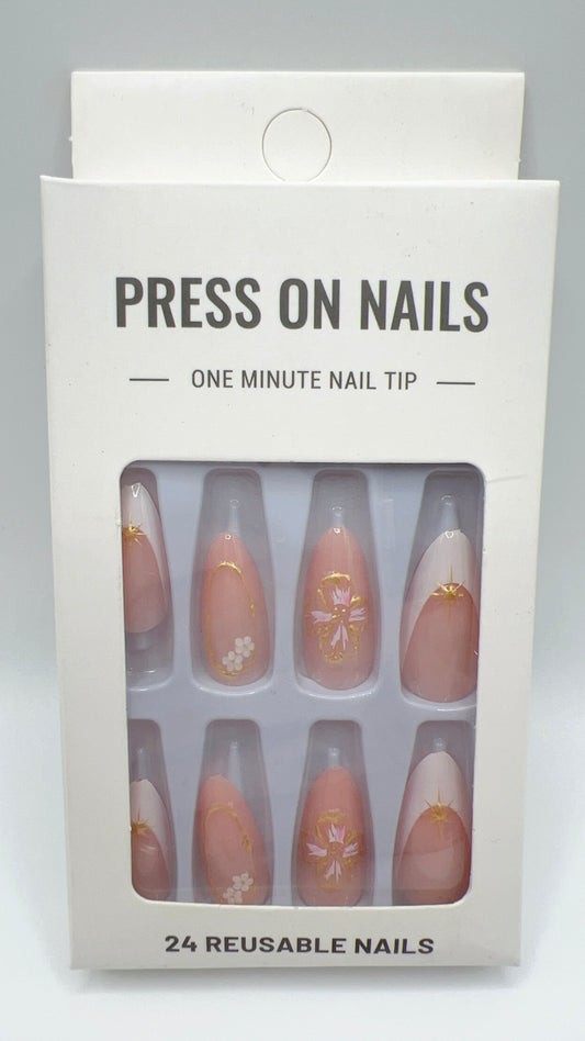 24 pcs Almond Press-On Nails – Flower with French Tip, Fashionable Style
