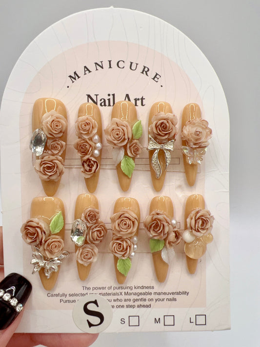 Long Stiletto Press On Nails with Rhinestone & 2D Flowers – Small Size