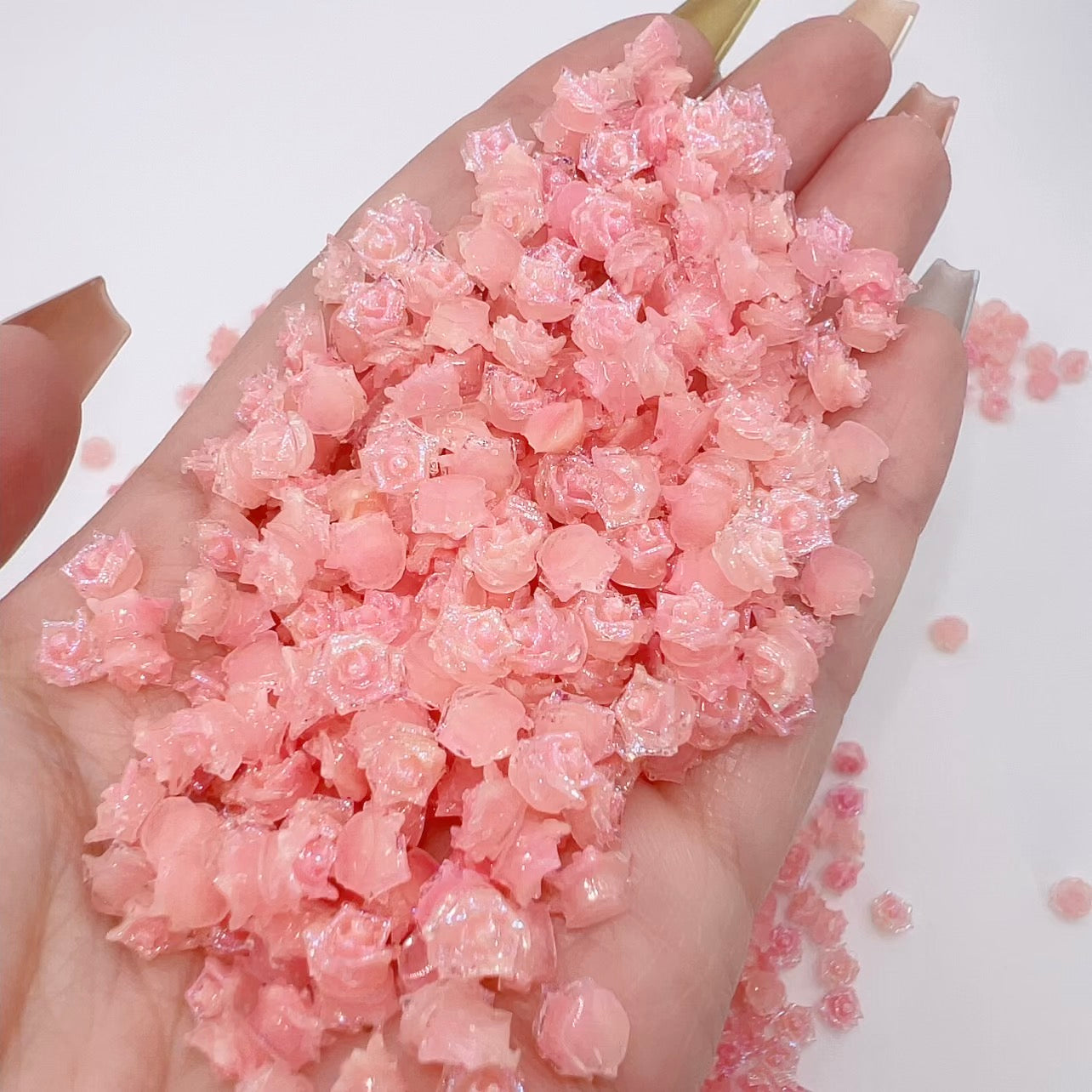 Mini 2D Resin Flower Charms – Pink Shimmer 4–5mm for Nail Art, Phone Case & DIY Crafts
