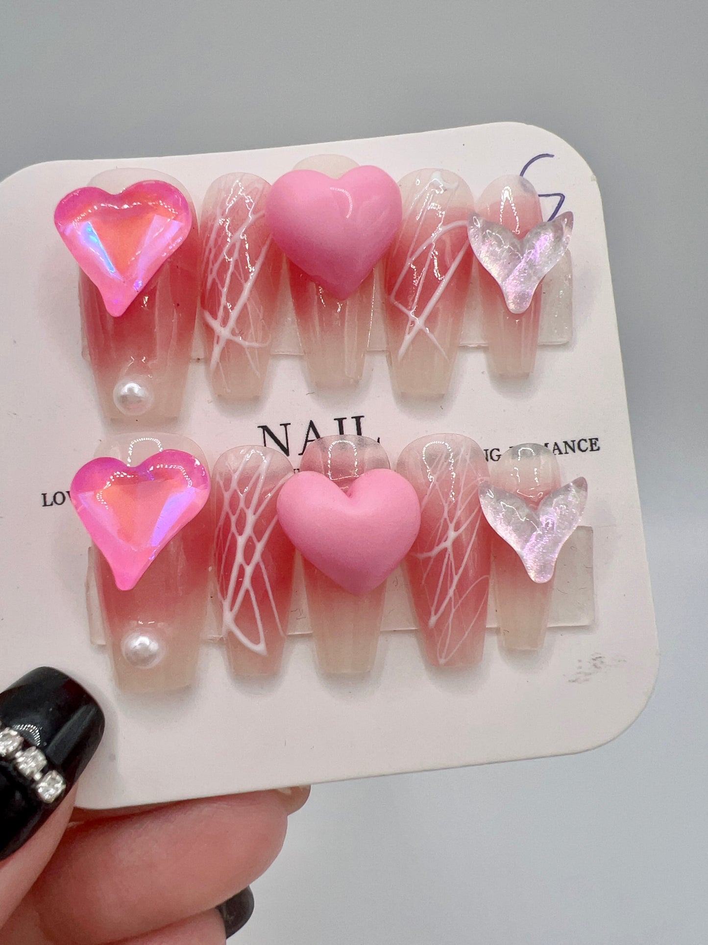 Pink Medium Coffin Press-On Nails with Cute Heart Charms – Small Size