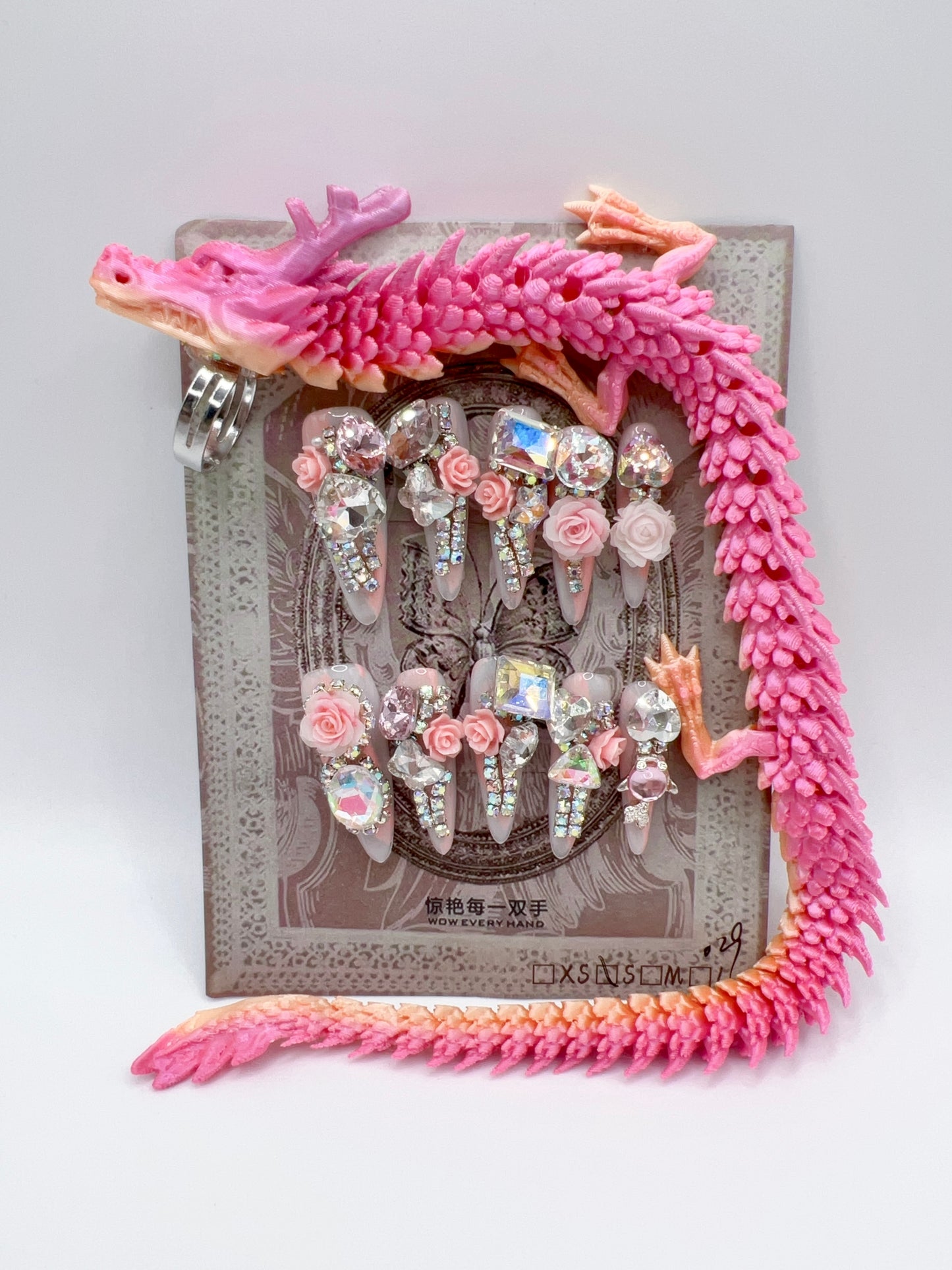 Luxury Rhinestone Press-On Nails with 3D Flower Charms & Dragon Rings – Long Stiletto, Small Size, Reusable