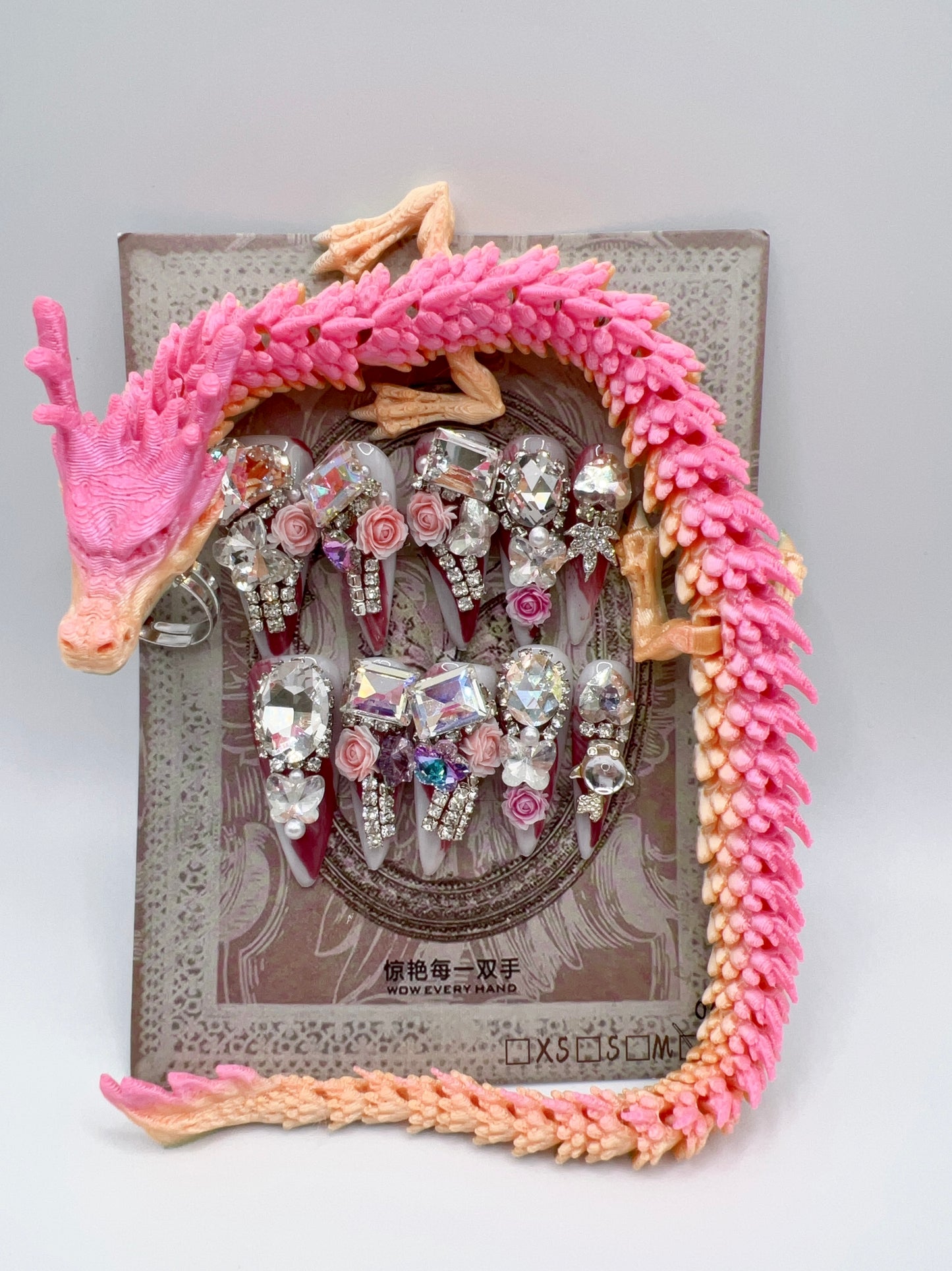 Luxury Rhinestone Press-On Nails with 3D Flower Charms & Dragon Rings – Long Stiletto, Large Size, Reusable