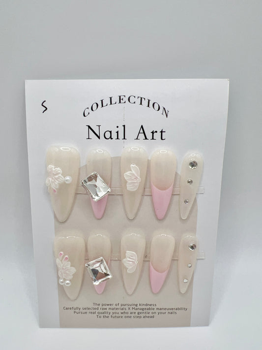 Long Stiletto Press On Nails with Rhinestone & French Style – Small Size