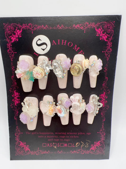 Long Coffin Press On Nails with Rhinestone and 2D Flowers – Small Size
