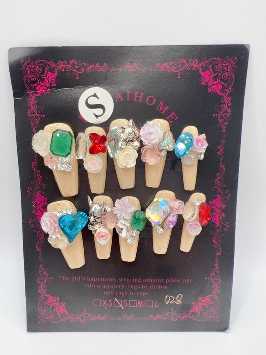 Long Coffin Press On Nails with Rhinestone and 2D Flowers – Small Size