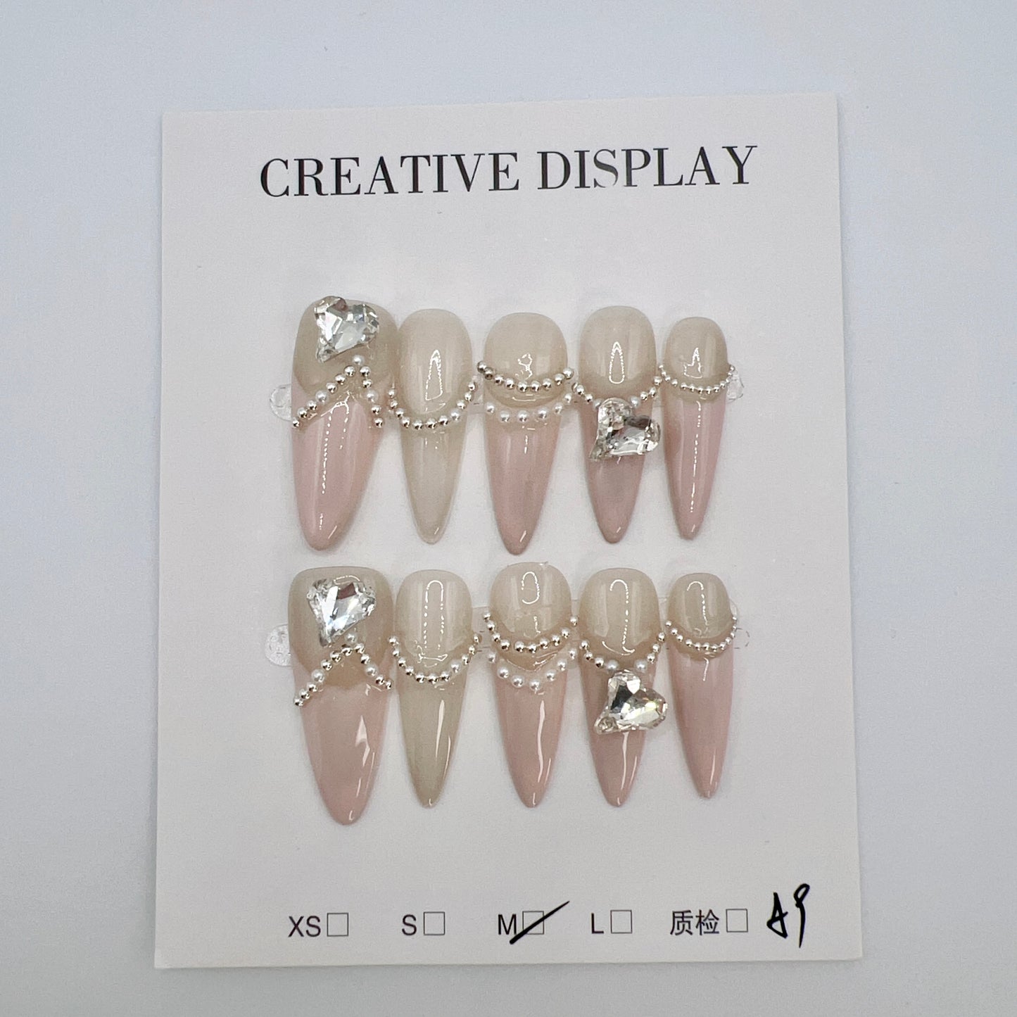 French Tip Long Stiletto Press On Nails with Rhinestone – Medium Size | Elegant Simple Style