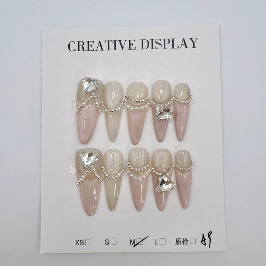 French Tip Long Stiletto Press On Nails with Rhinestone – Medium Size | Elegant Simple Style