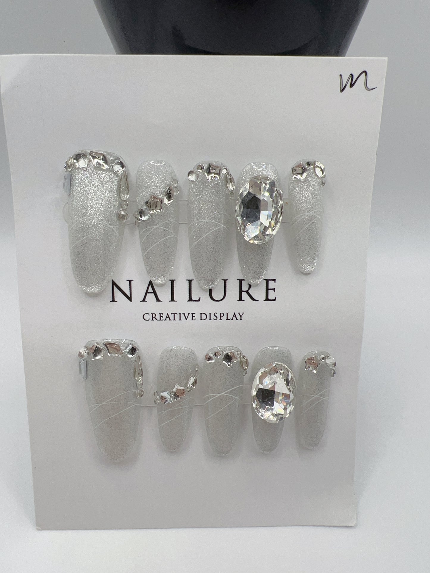 Long Oval Press On Nails with Rhinestone Charms – Glam Fake Nails, Medium Size, 10 Designs