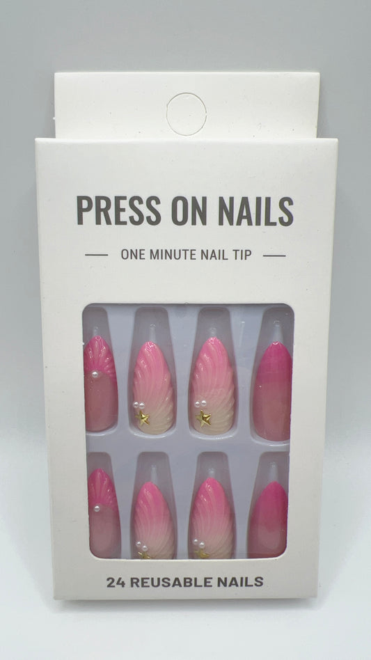 24 pcs Almond Press-On Nails – Pink Gradient with Pearl, Fashionable Style