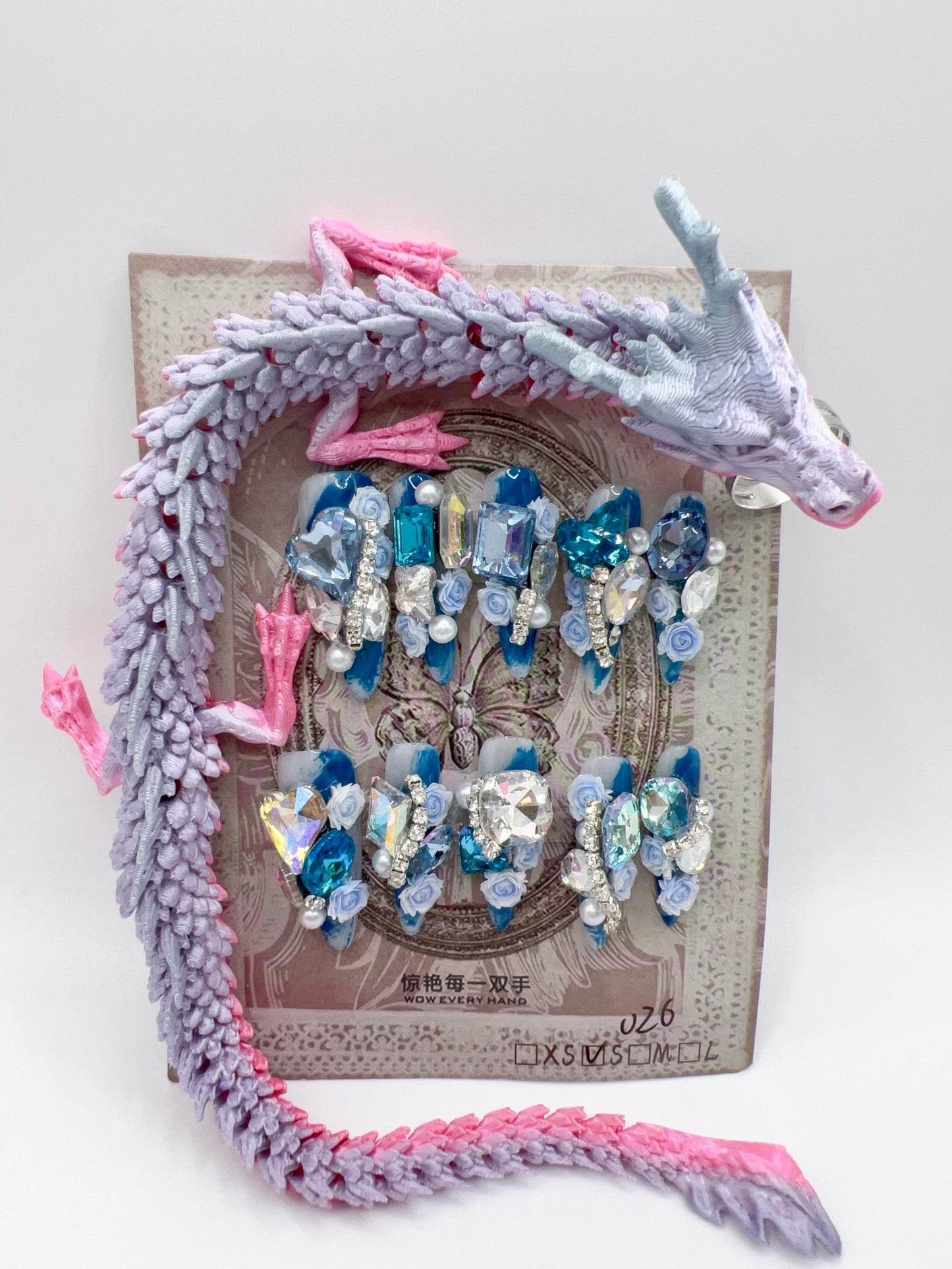 Luxury Rhinestone Press-On Nails with 3D Flower Charms & Dragon Rings – Long Stiletto, Small Size, Reusable