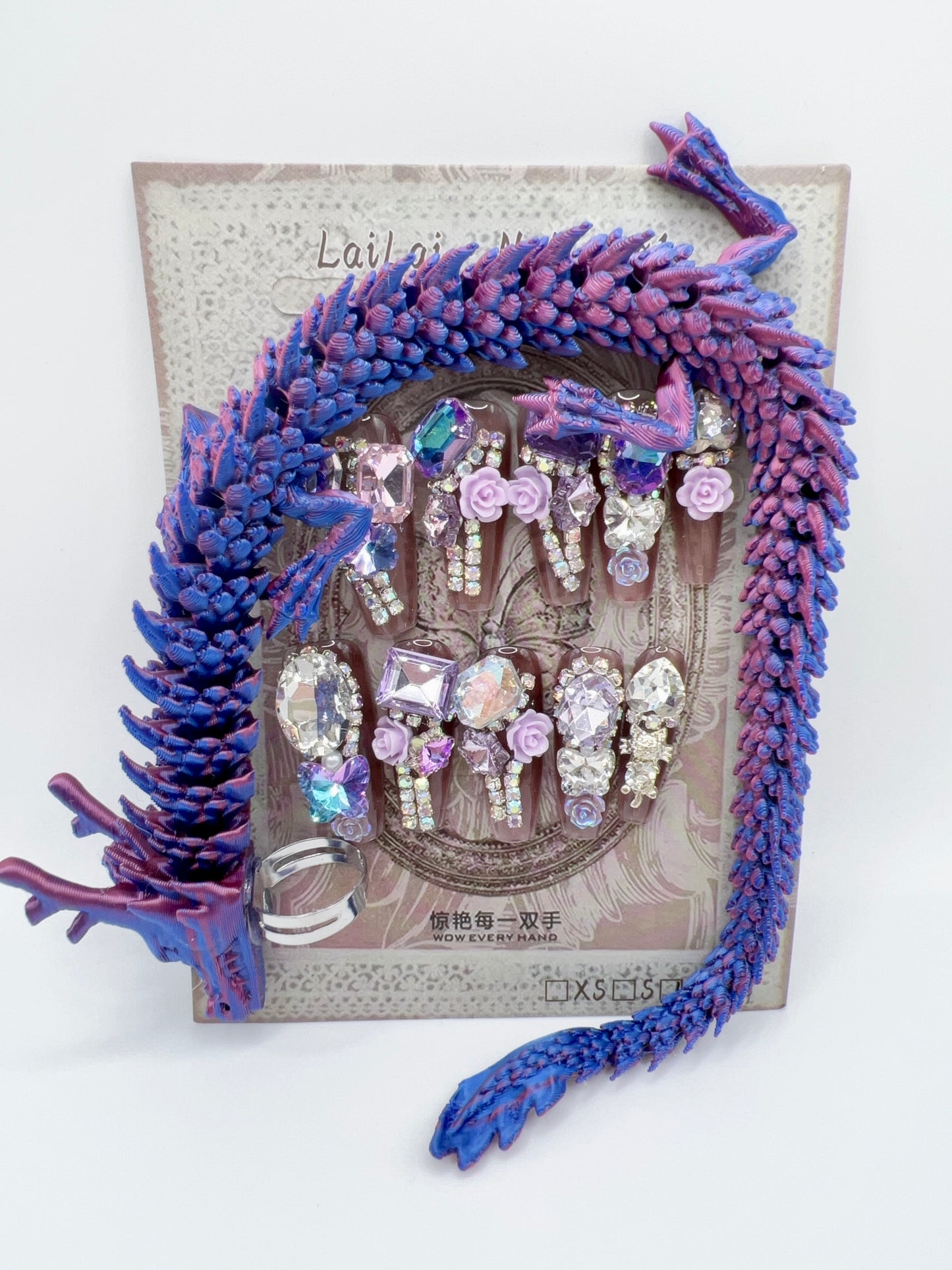 Luxury Rhinestone Press-On Nails with 3D Flower Charms & Dragon Rings – Long Coffin, Medium Size, Reusable