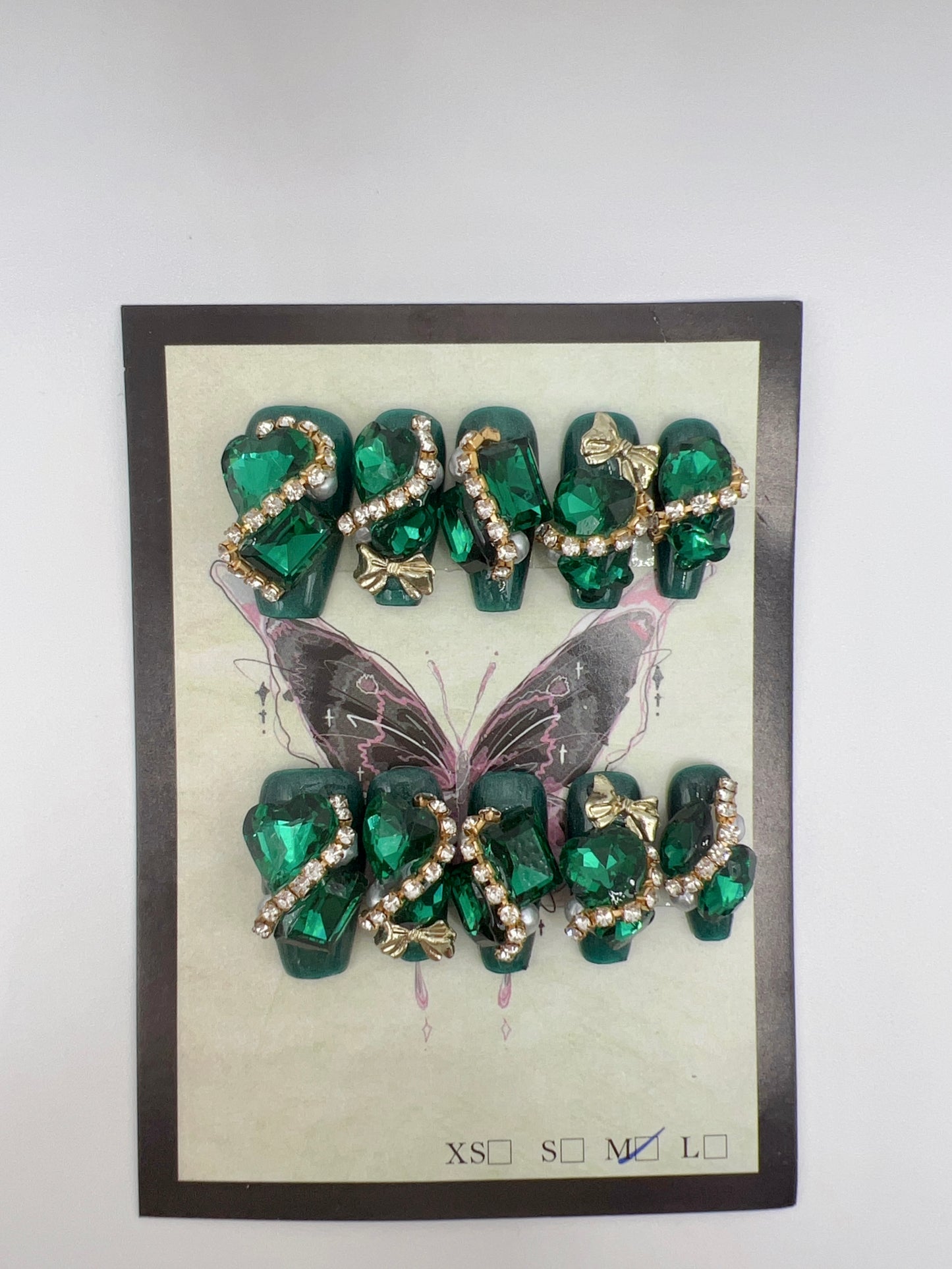 Luxury Green Medium Coffin Press On Nails with Rhinestone & Charms – Medium Size