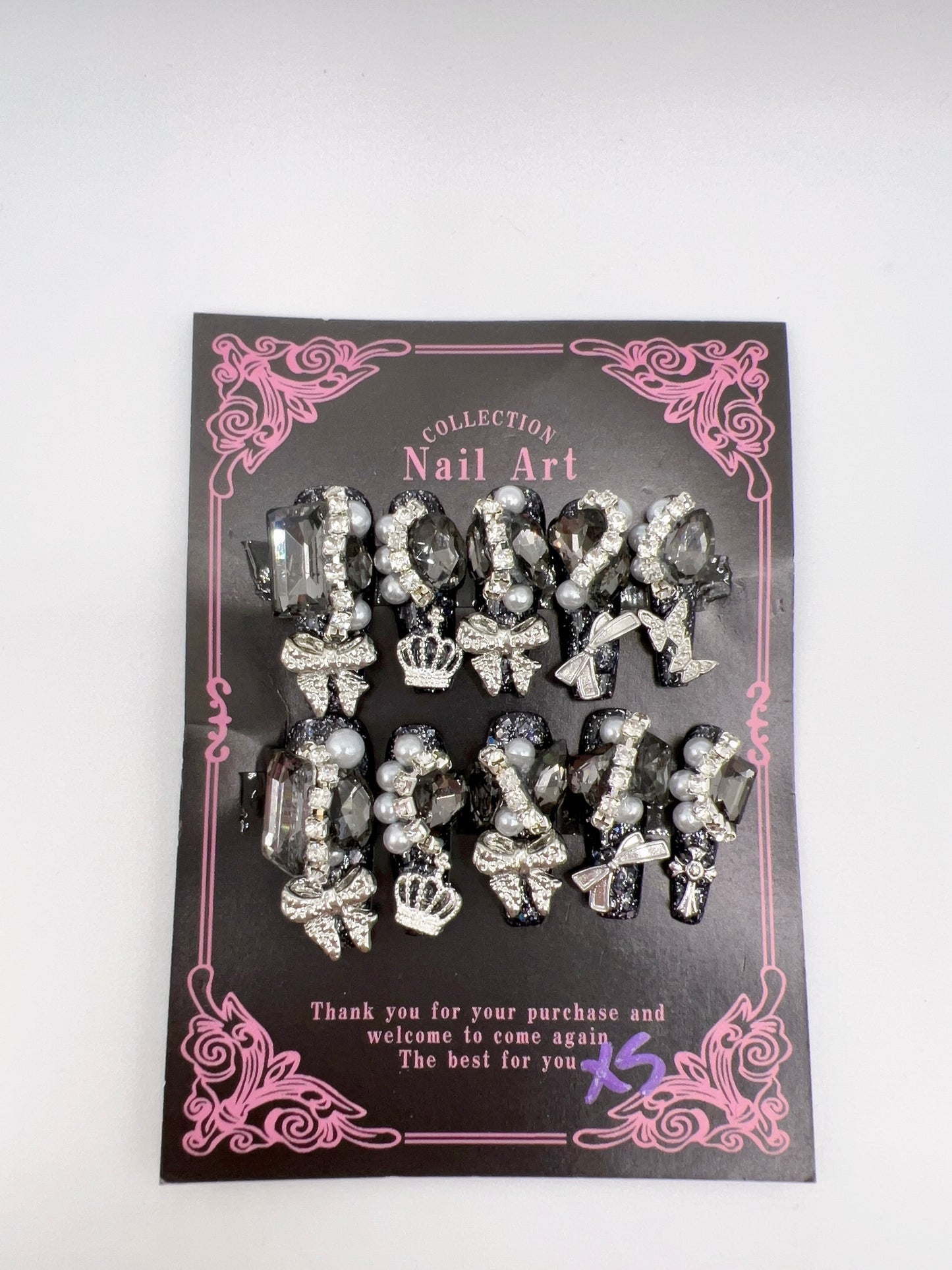 Luxury Rhinestone & Charm Press-On Nails – Glitter Coffin Long Length, XS Size