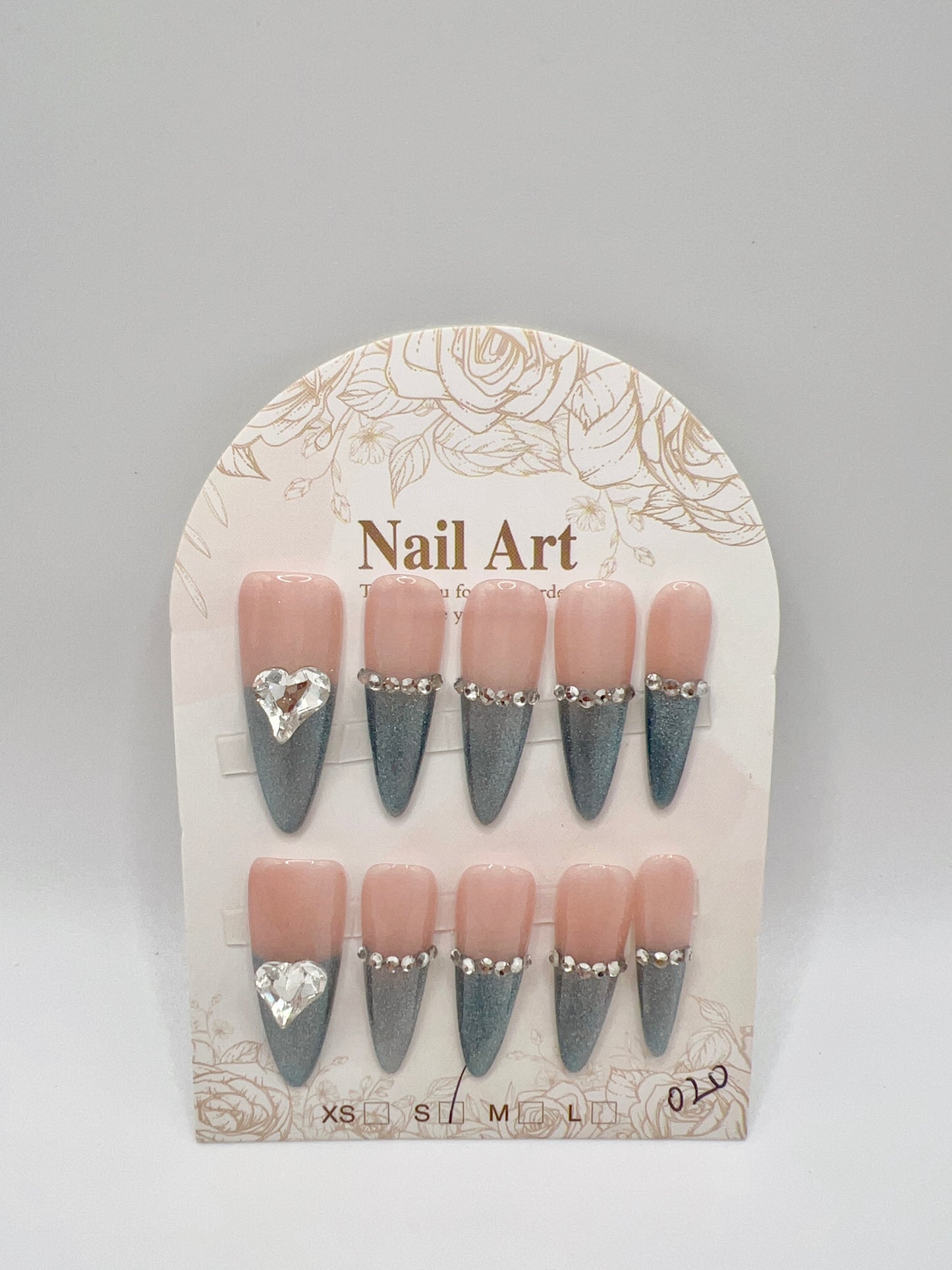 Long Stiletto Press On Nails with Rhinestone Shimmer French Tip – Small Size