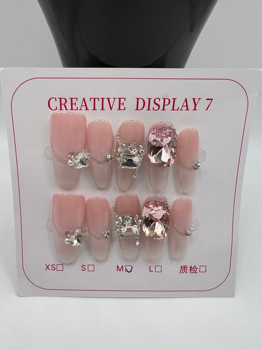 Long Oval Press On Nails with Rhinestone Charms – Glam Fake Nails, Medium Size, 10 Designs