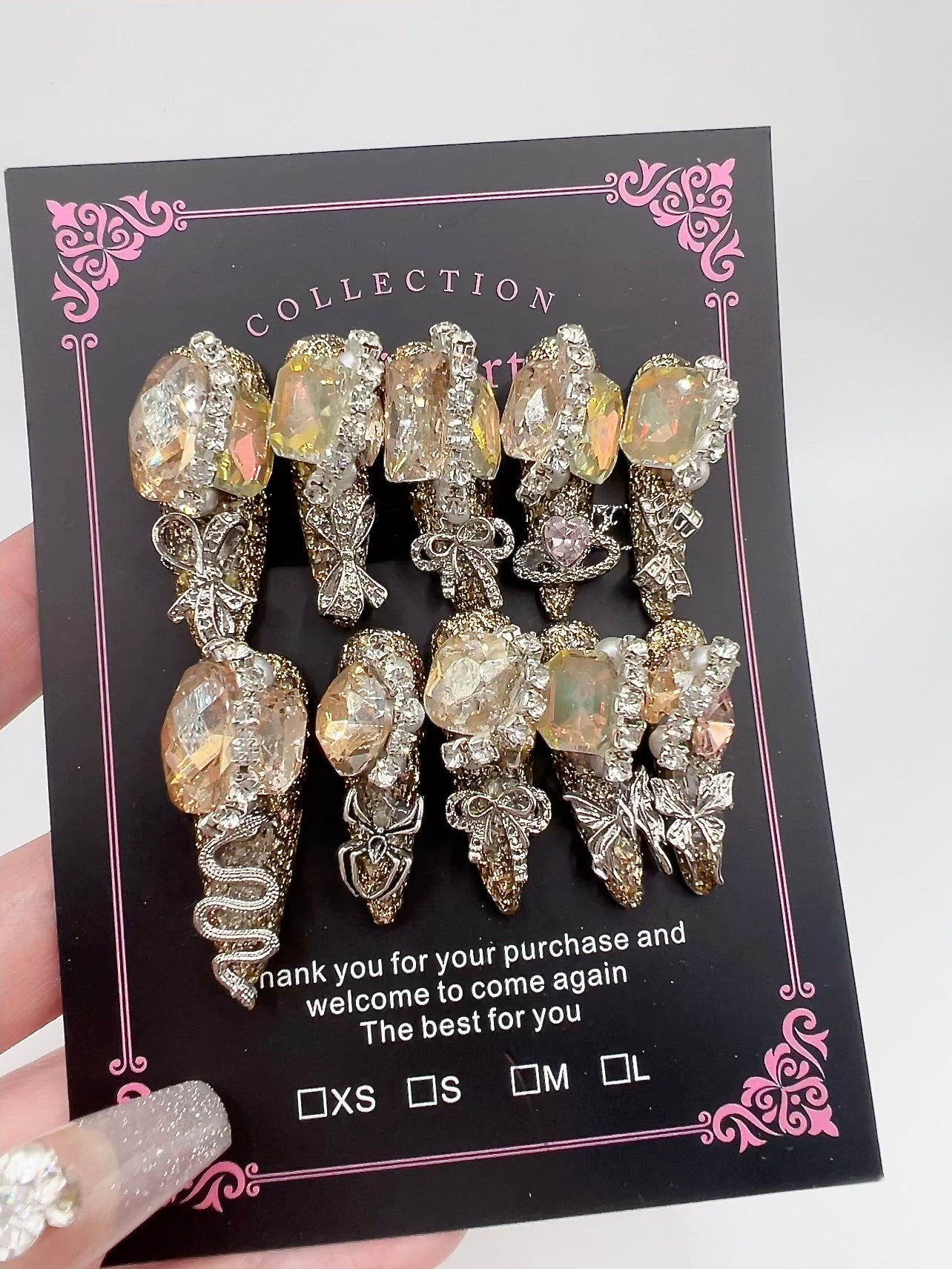 Luxury Rhinestone & Charm Press-On Nails – Glitter Stiletto Long Length, Medium Size