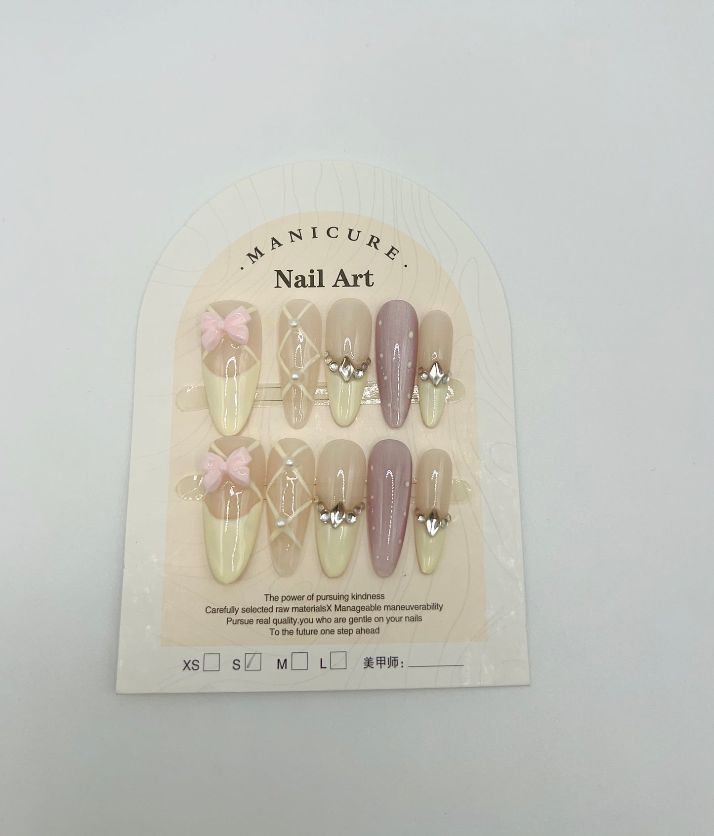 Long Oval Press-On Nails with Rhinestone & Bow Charms – French Tip, Small Size