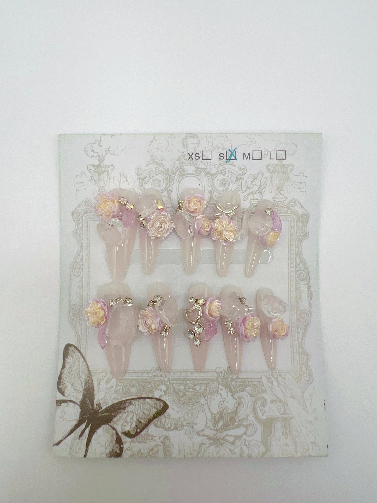 Luxury Long Stiletto Press-On Nails with Heavy Rhinestones & 2D Flower Charms – Small Size
