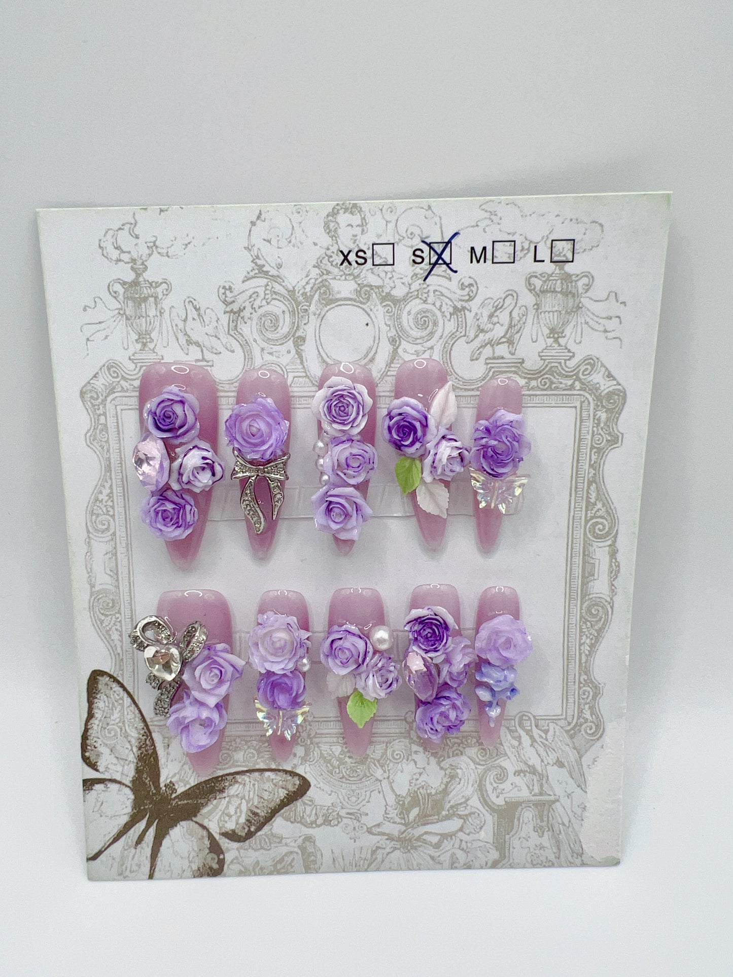 Purple Long Stiletto Press On Nails with Rhinestone 2D Flowers – Small Size