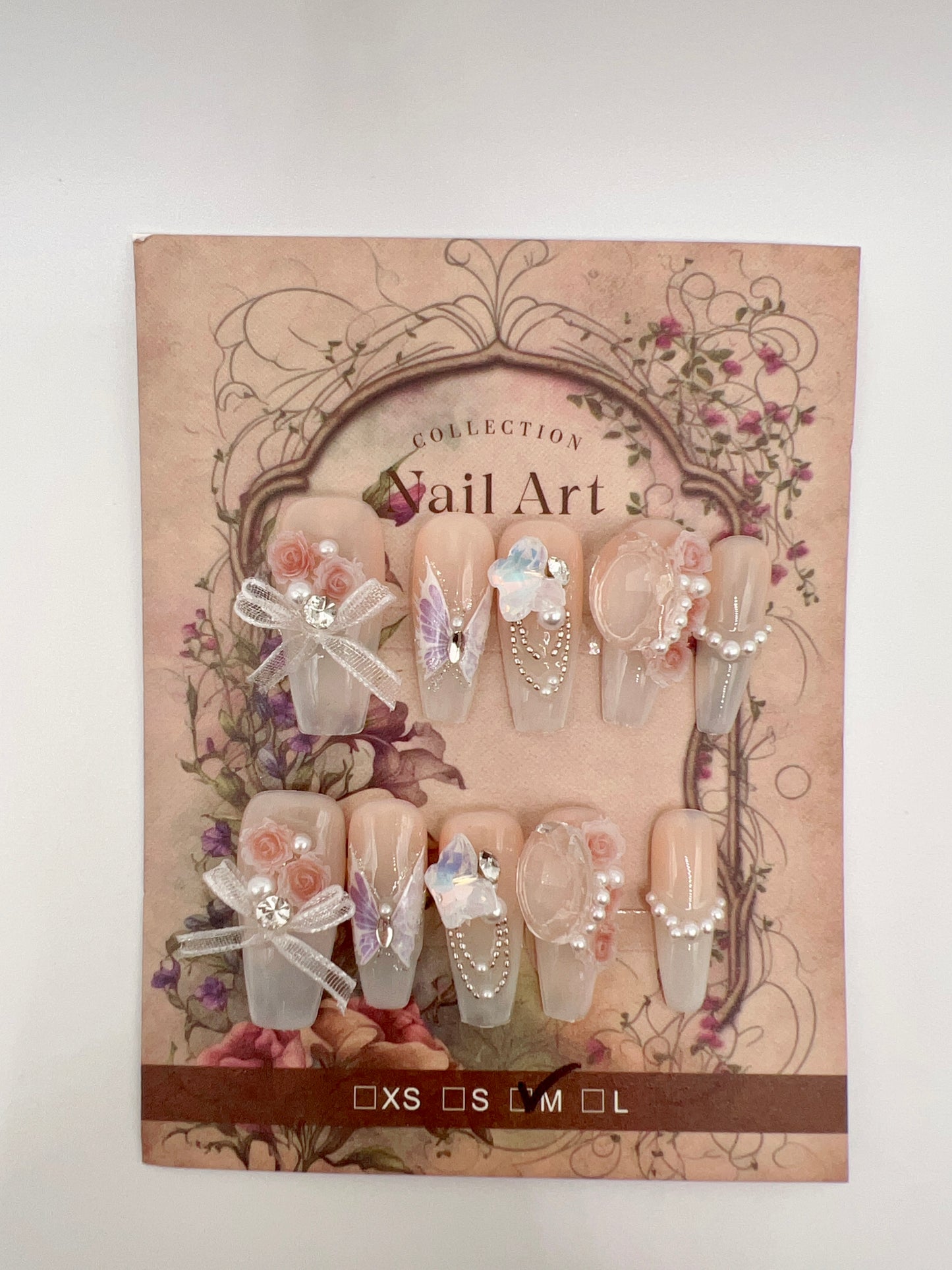 Long Coffin Press On Nails with Rhinestone, 2D Flowers & Pearl – Medium Size