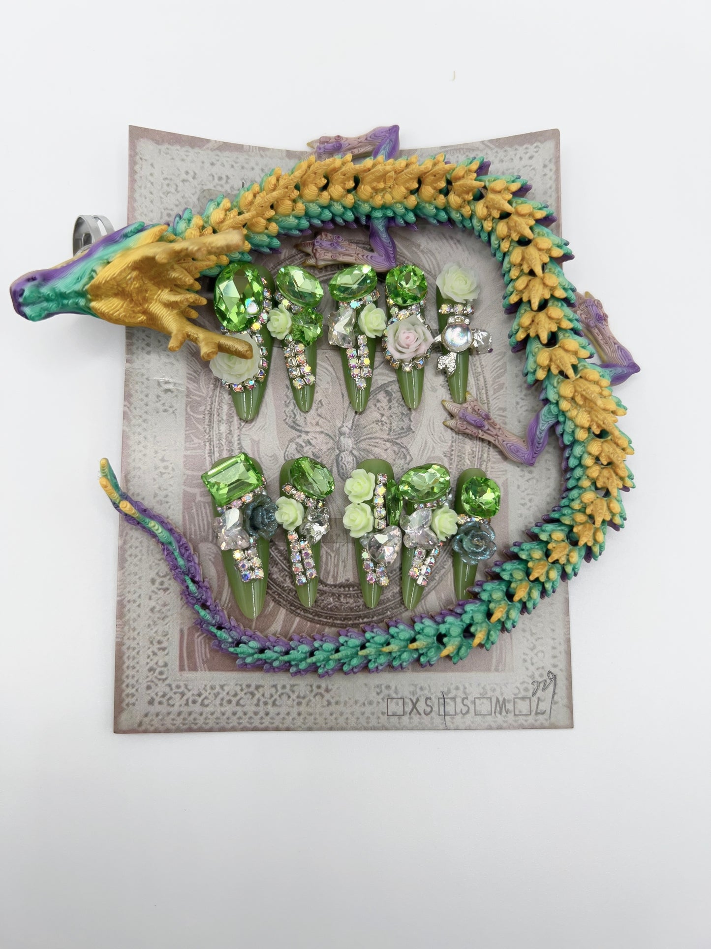 Luxury Rhinestone Press-On Nails with 3D Flower Charms & Dragon Rings – Long Stiletto, Small Size, Reusable